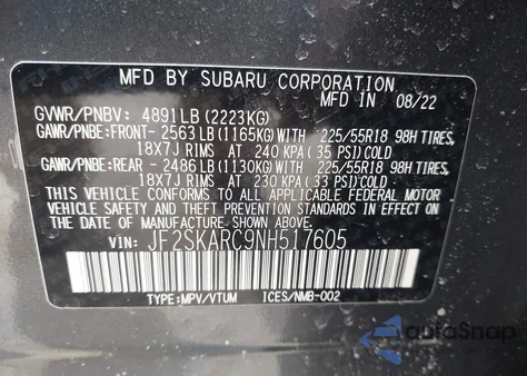 2022 Subaru Forester Touring from USA, damaged, VIN JF2SKARC9NH517605